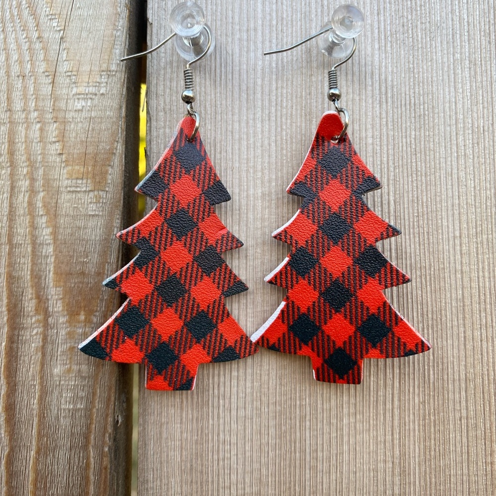 Red and Black Buffalo Plaid Christmas Tree Dangle Earrings